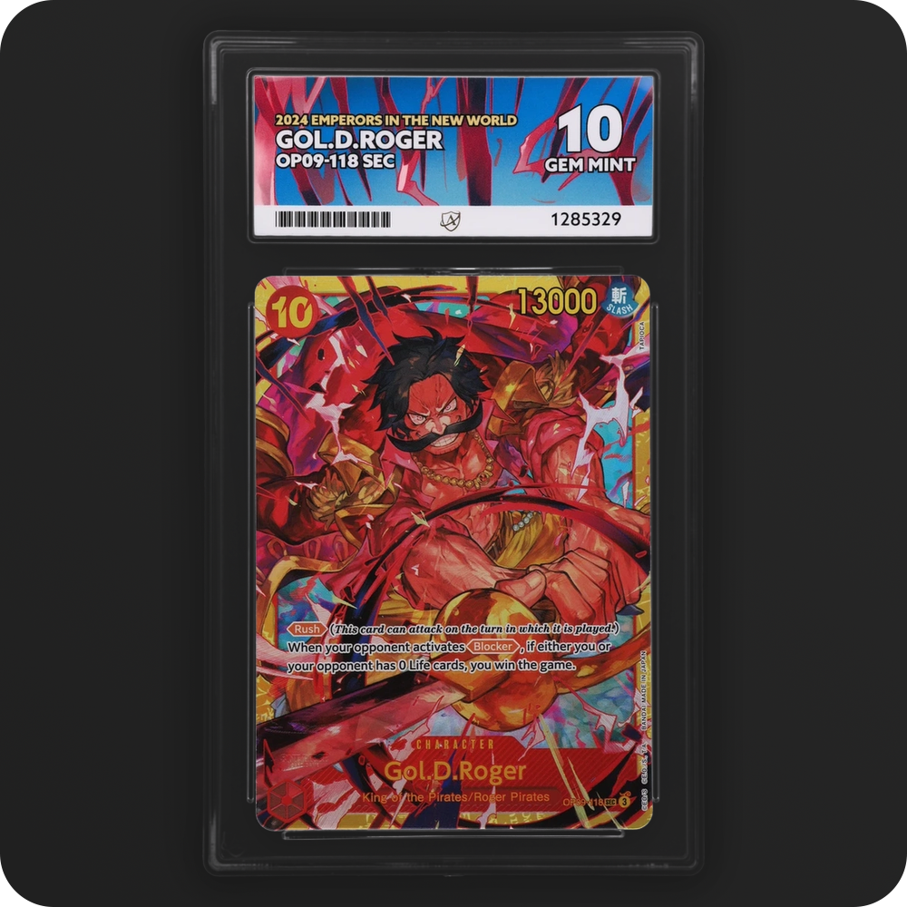 Gol.D.Roger OP09-118 Emperors In The New World Ace Grading 10, front of the graded slab