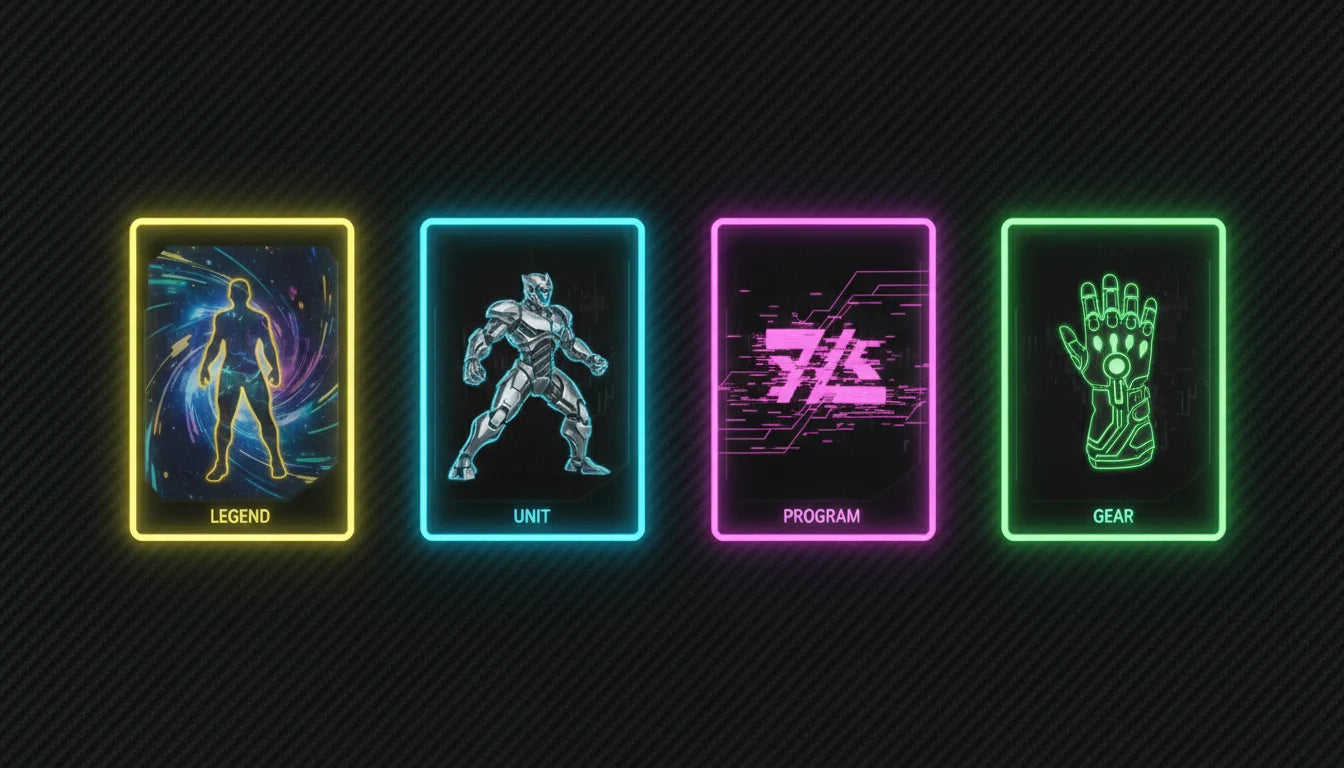 The four Cyberpunk TCG card types — Legend, Unit, Program and Gear