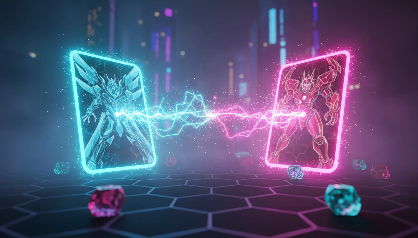 Two Cyberpunk TCG cards locked in combat with energy arcs between them