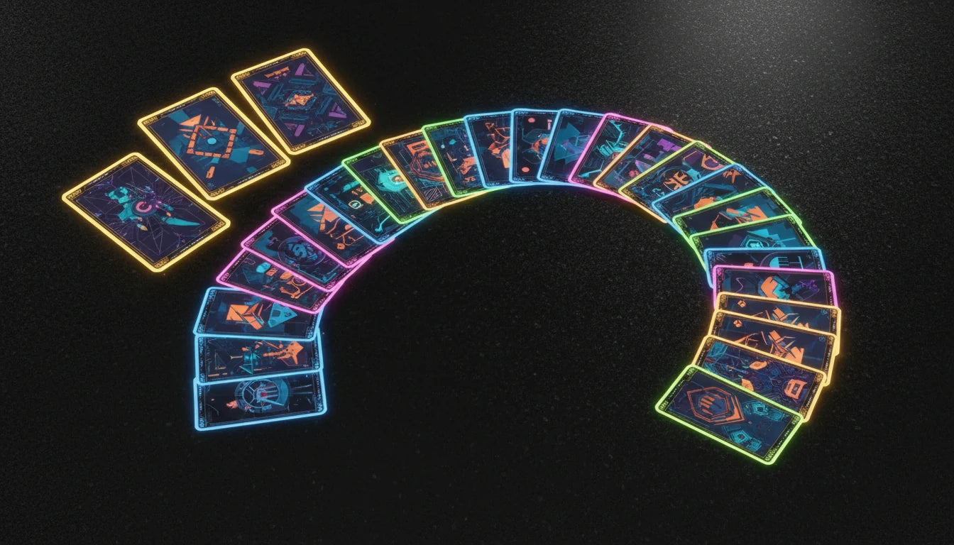 A spread of Cyberpunk TCG cards showing a complete deck