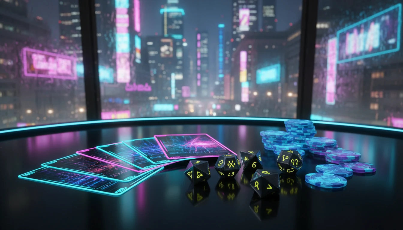 Cyberpunk TCG neon-lit playmat with cards and dice