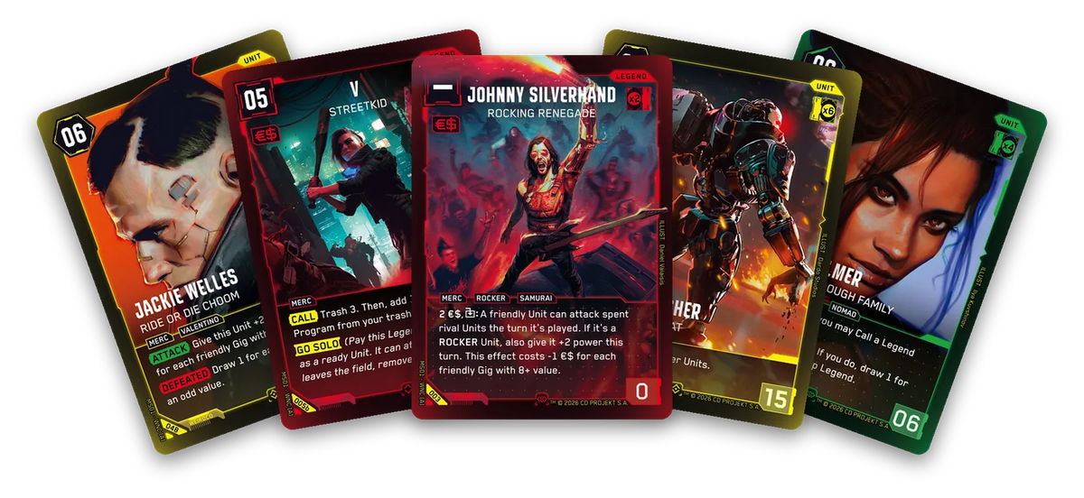 Five Cyberpunk TCG cards fanned out: Jackie Welles, V: Streetkid, Johnny Silverhand, Adam Smasher and Panam Palmer