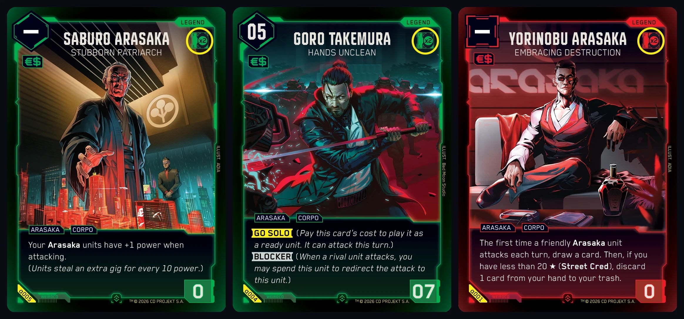 Three official Cyberpunk TCG Legend cards — Saburo Arasaka, Goro Takemura and Yorinobu Arasaka