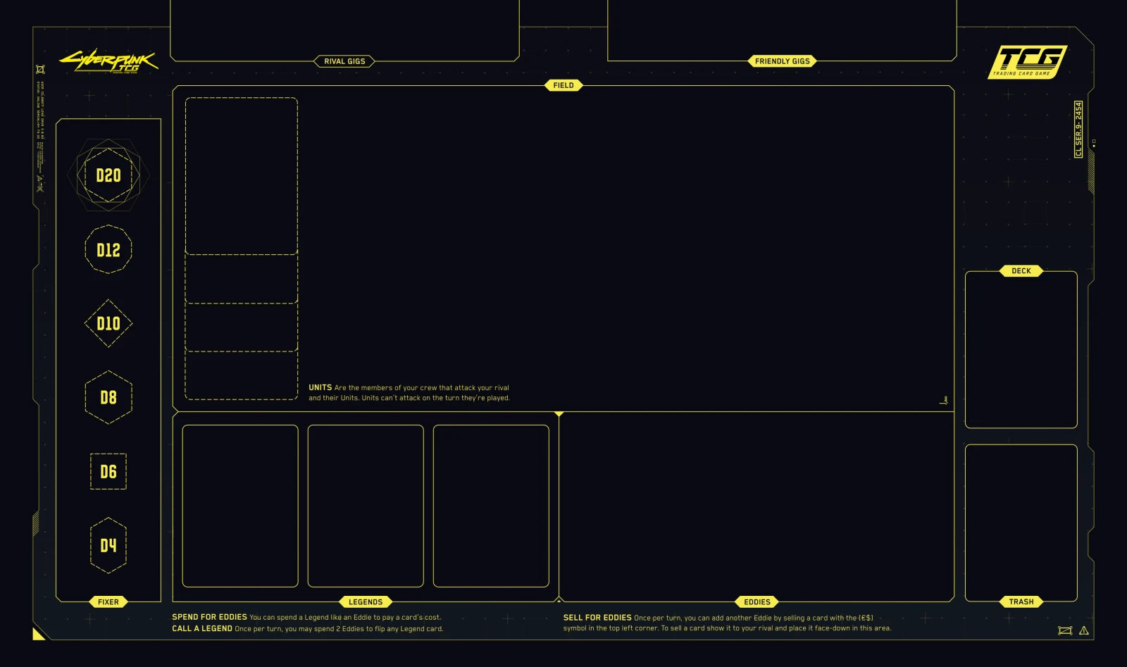 The official Cyberpunk TCG playmat showing every zone — Fixer, Field, Legends, Eddies, Deck and Trash