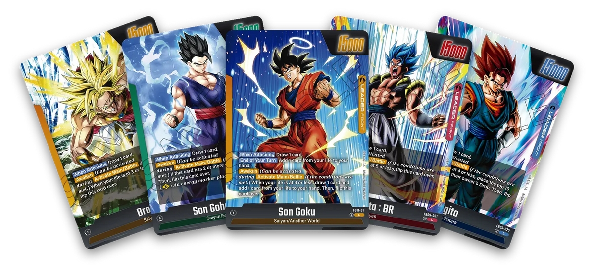 The five most played Dragon Ball Super Fusion World Leaders right now: Broly, Son Gohan: SH, Son Goku, Gogeta: BR and Vegito