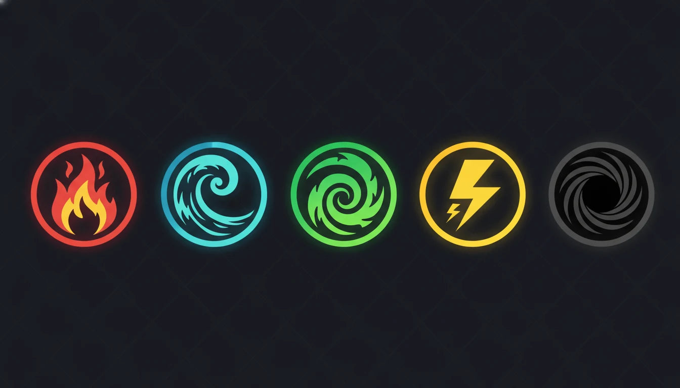 The six Dragon Ball Super Card Game colour symbols — Red, Blue, Green, Yellow, Black, and multicolour