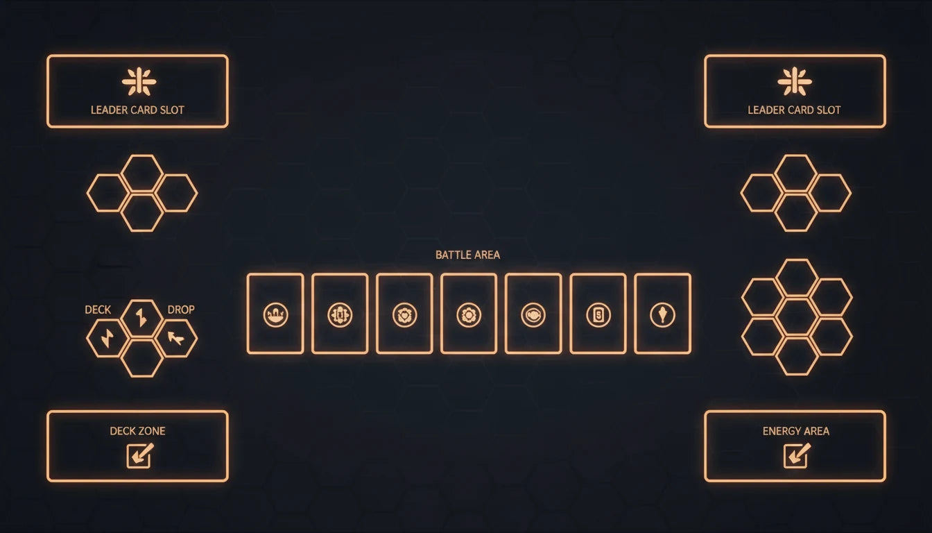 Diagram showing the DBS Card Game setup — Leader Area, Life Area, Energy Area, Battle Area, Drop Area, and Deck
