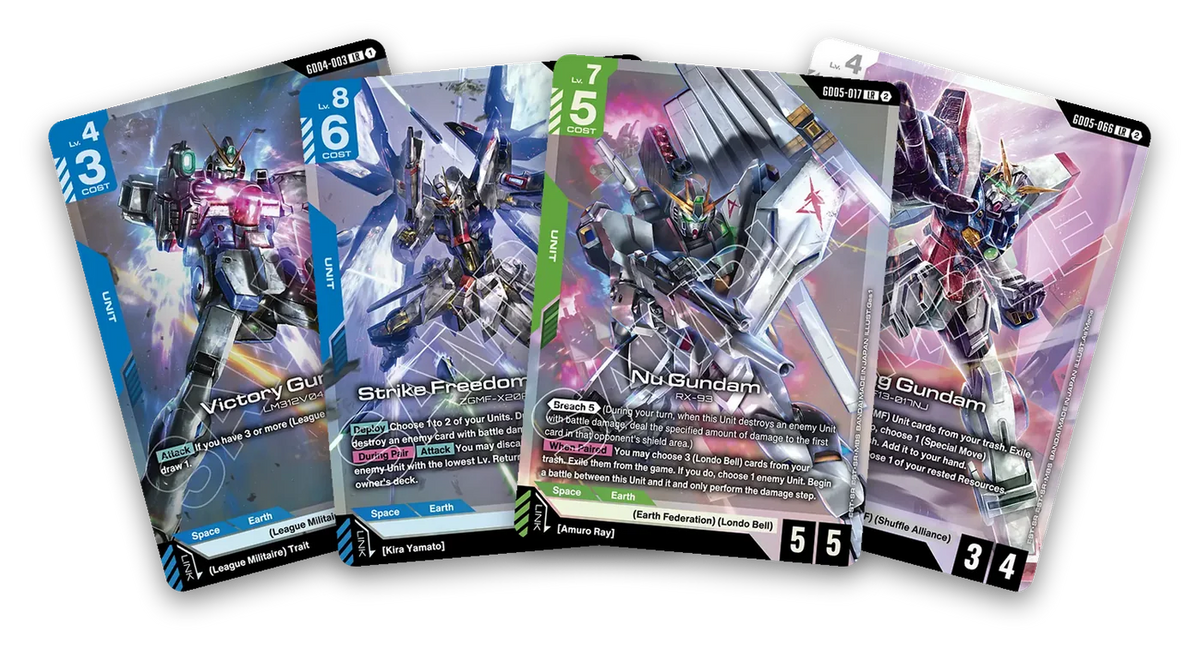 The units behind the most played Gundam Card Game decks right now: Victory Gundam, Strike Freedom Gundam, Nu Gundam and Shining Gundam