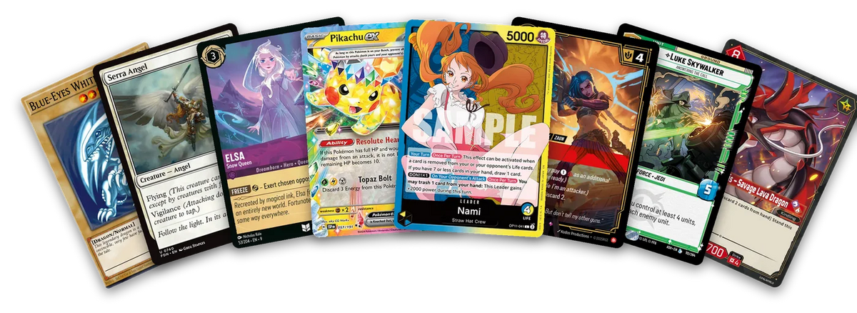 Cards from eight games fanned out: Yu-Gi-Oh!, Magic, Lorcana, Pokémon, One Piece, Riftbound, Star Wars: Unlimited and Palworld