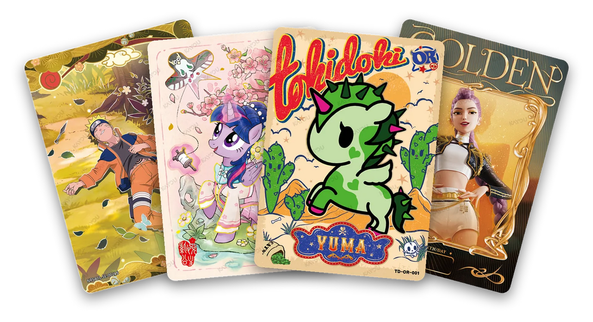 Four Kayou chase cards fanned out: Naruto Uzumaki SE, Princess Twilight Sparkle SGR, tokidoki YUMA OR and KPop Demon Hunters Rumi SE