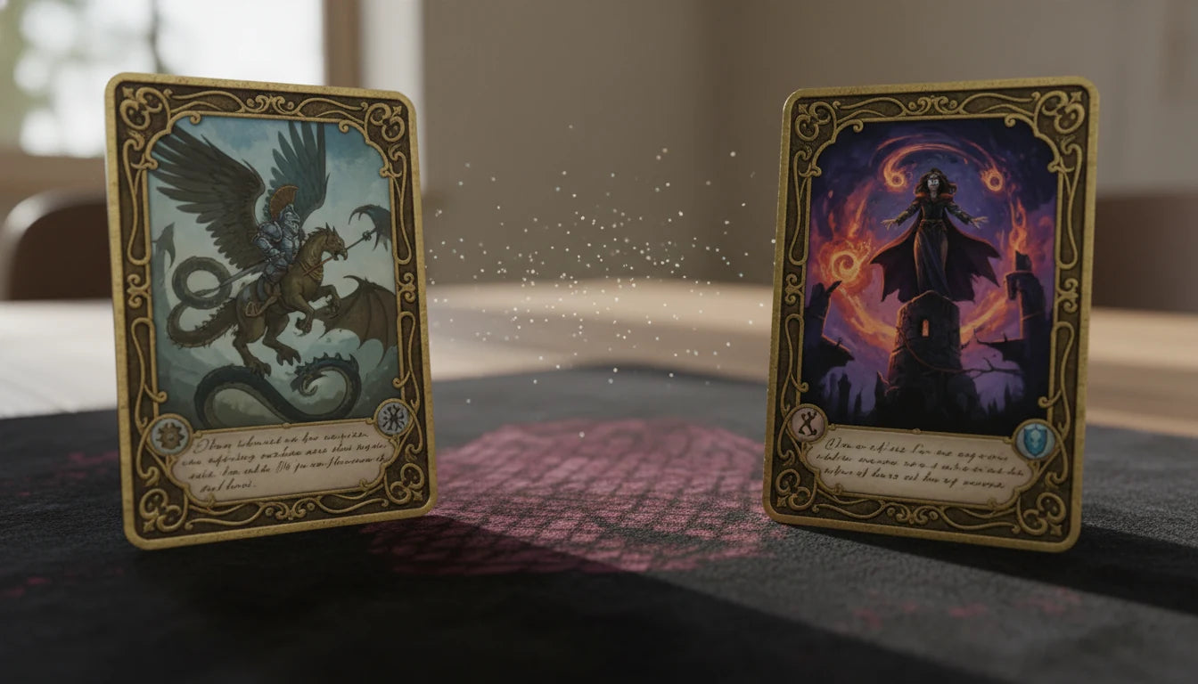 Two Disney Lorcana characters facing off in a challenge with strength and willpower comparison