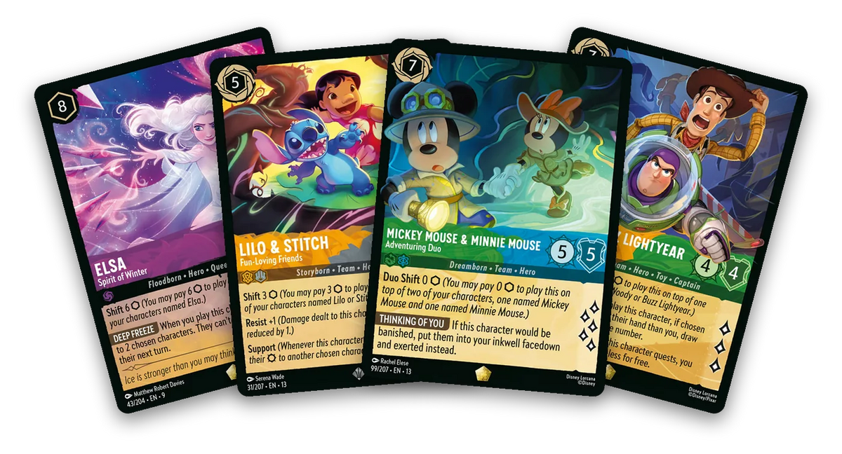 Four Disney Lorcana cards fanned out: Elsa, Spirit of Winter, Lilo and Stitch, Mickey and Minnie Mouse, and Woody and Buzz Lightyear