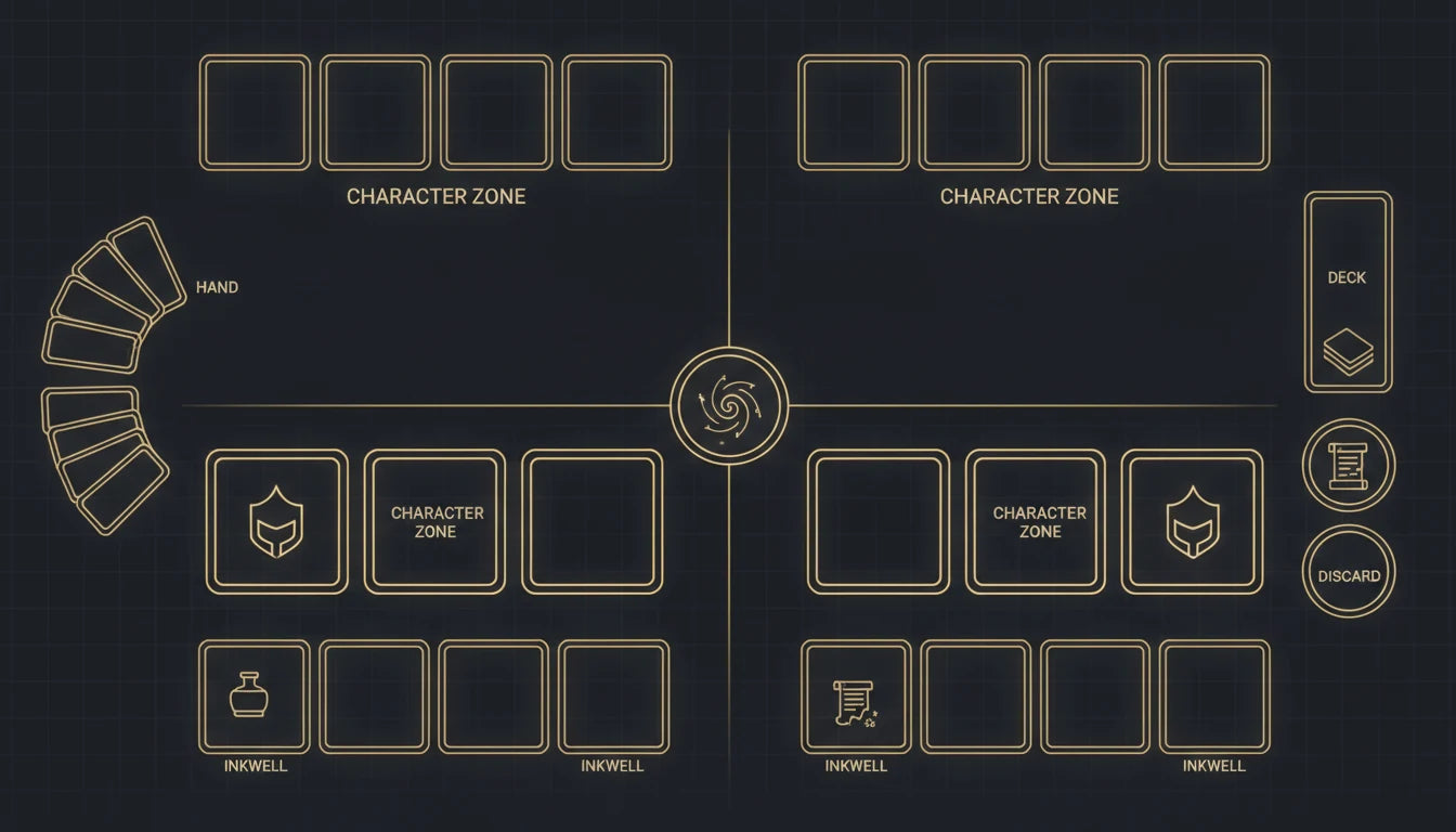 Diagram showing the Disney Lorcana game setup — deck, discard pile, Inkwell, and play area
