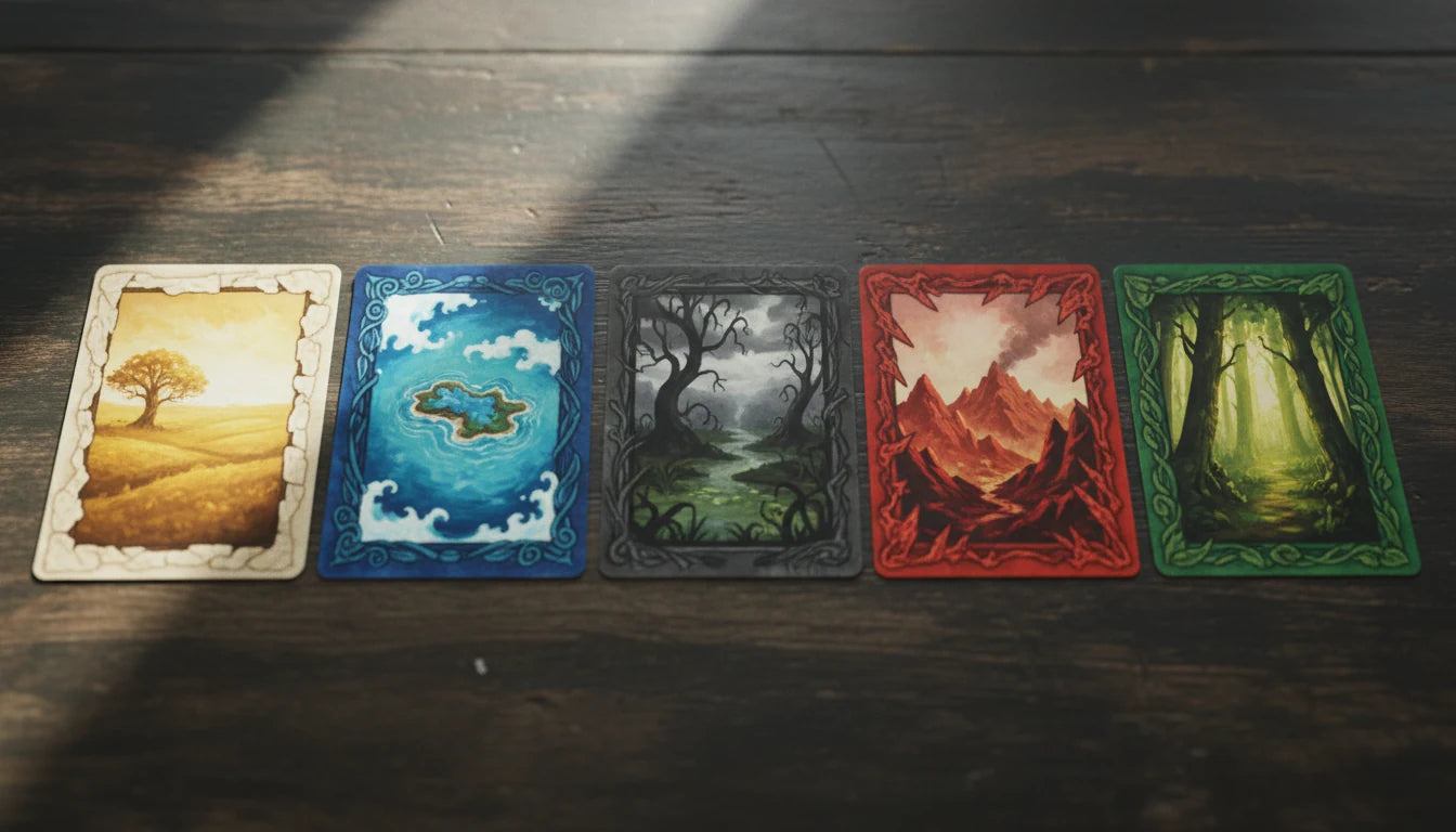 Examples of each Magic: The Gathering card type laid out side by side