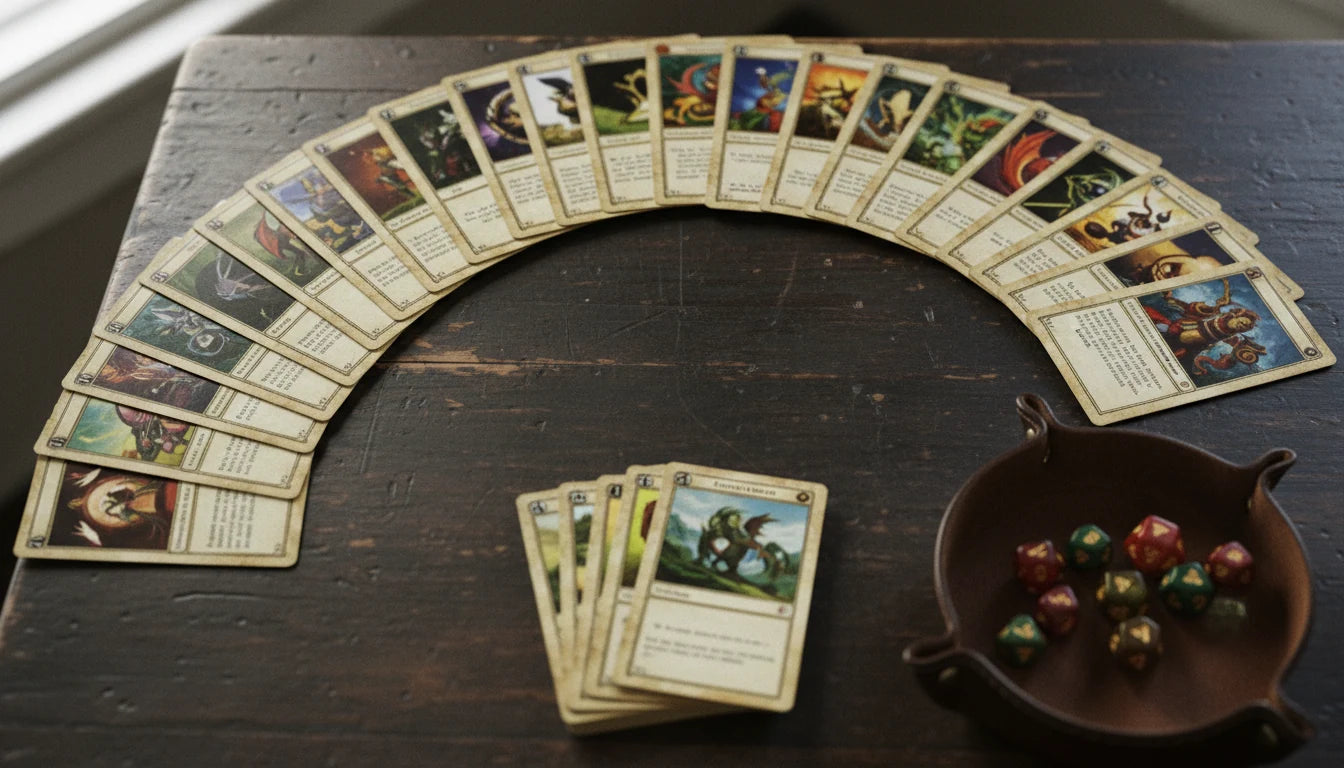 A well-organised Magic: The Gathering deck spread showing lands, creatures and spells