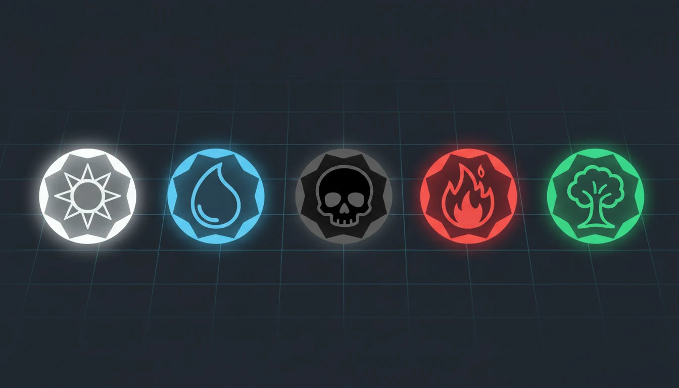 The five mana colour symbols of Magic: The Gathering — White, Blue, Black, Red, and Green