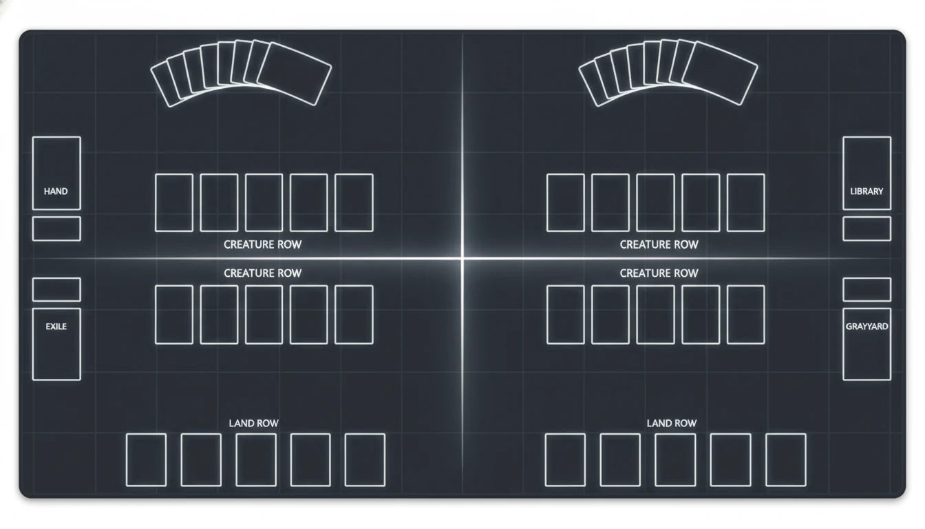 Diagram showing the Magic: The Gathering play area — library, graveyard, battlefield, exile zone