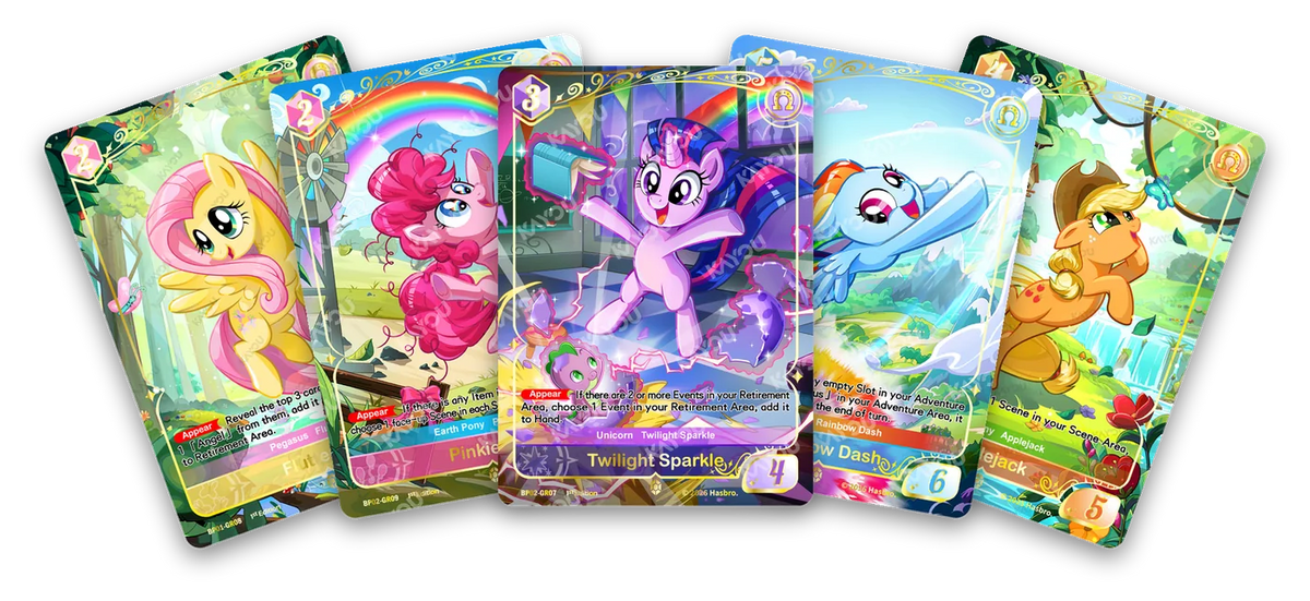 Five Gold Rare My Little Pony TCG cards: Fluttershy, Pinkie Pie, Twilight Sparkle, Rainbow Dash and Applejack