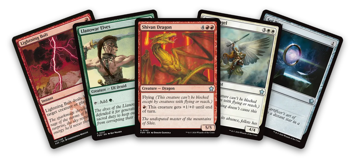 Five classic Magic: The Gathering cards fanned out: Lightning Bolt, Llanowar Elves, Shivan Dragon, Serra Angel and Sol Ring