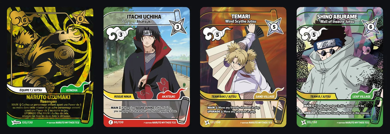 A row of Naruto Mythos TCG character cards