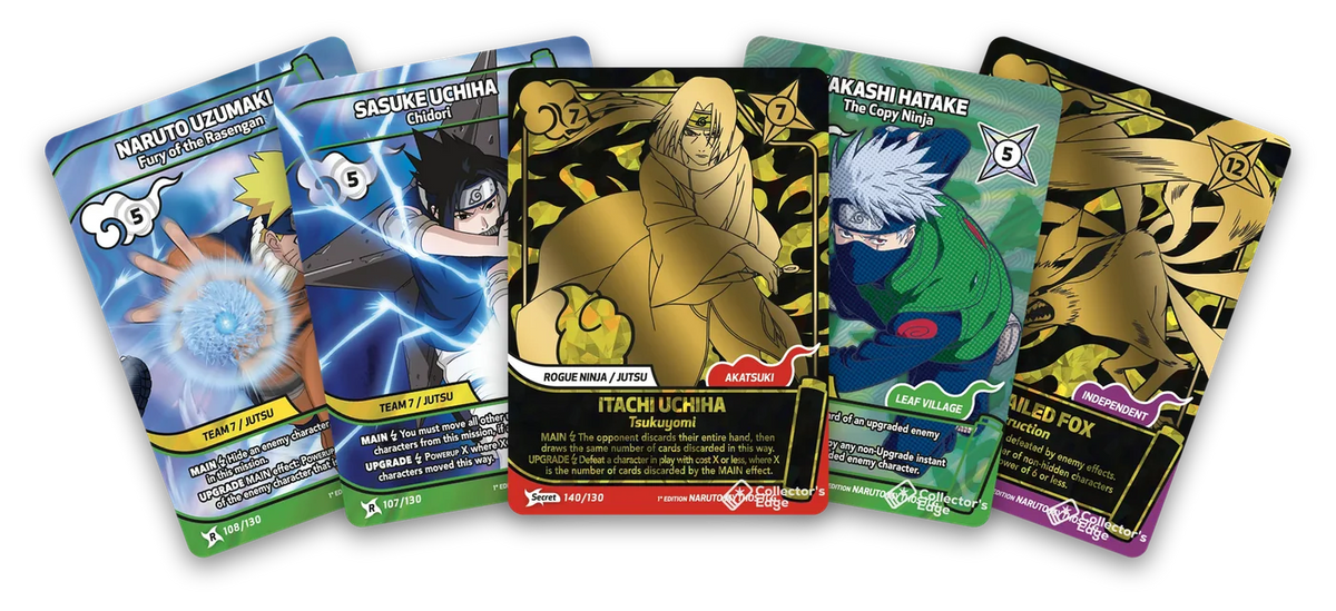Naruto Mythos TCG cards fanned out: Naruto Uzumaki, Sasuke Uchiha, a gold Itachi Uchiha, Kakashi Hatake and a gold Nine-Tailed Fox