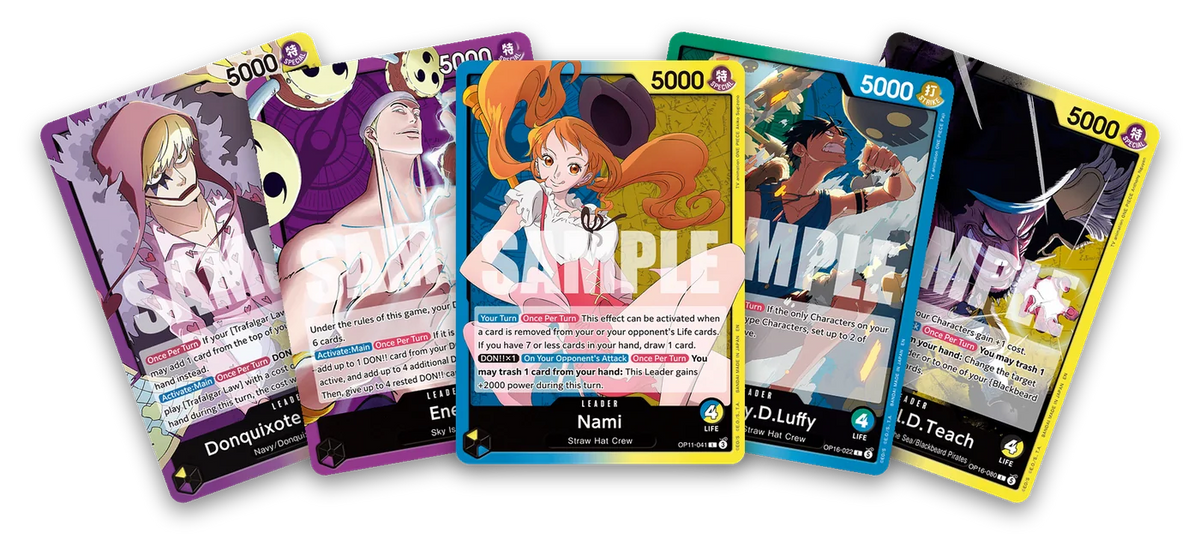 The five most played One Piece Card Game Leaders right now: Rosinante, Enel, Nami, Monkey.D.Luffy and Blackbeard