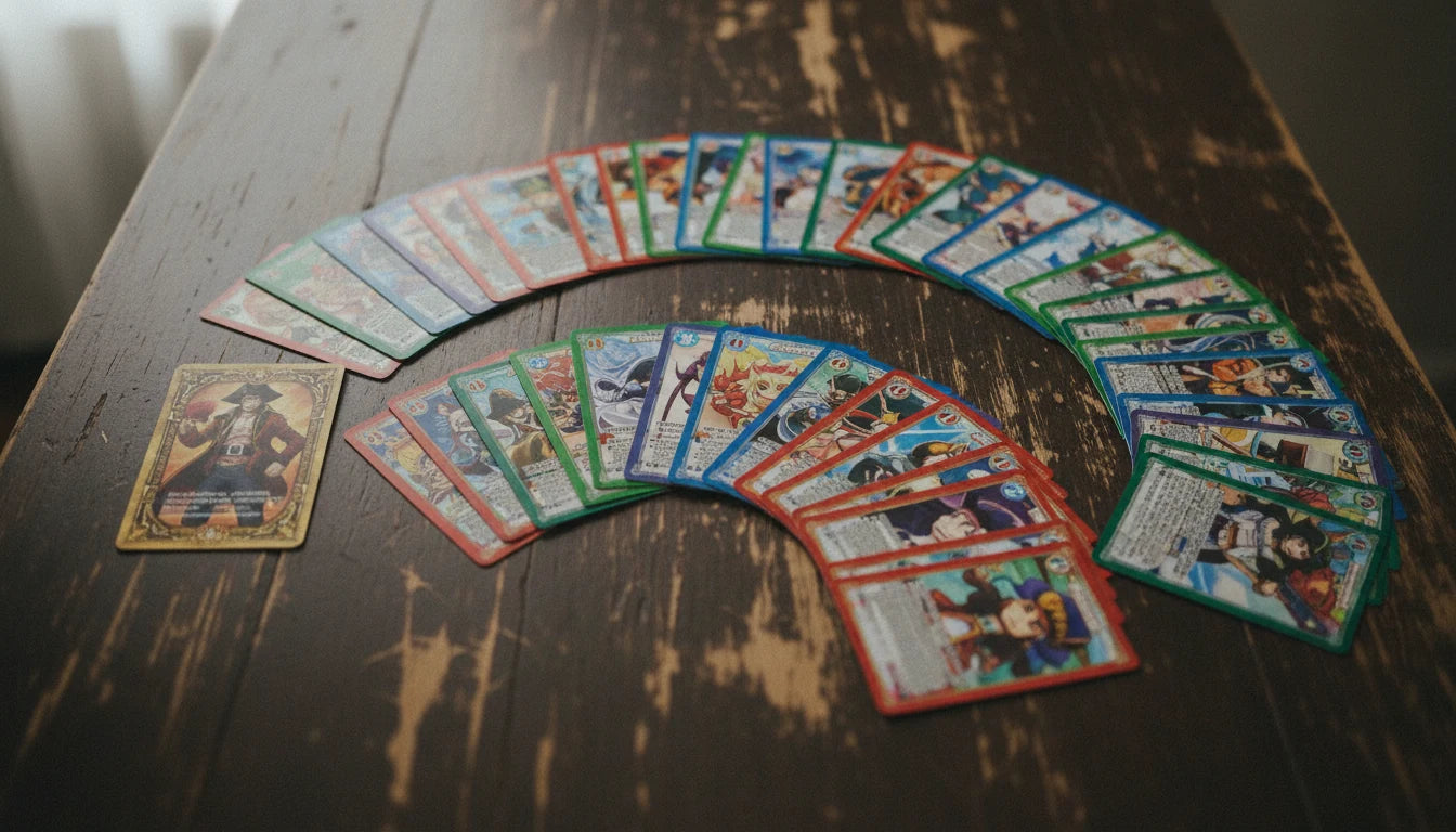A well-organised One Piece TCG deck spread showing Leader, Characters, Events, and Don!! cards