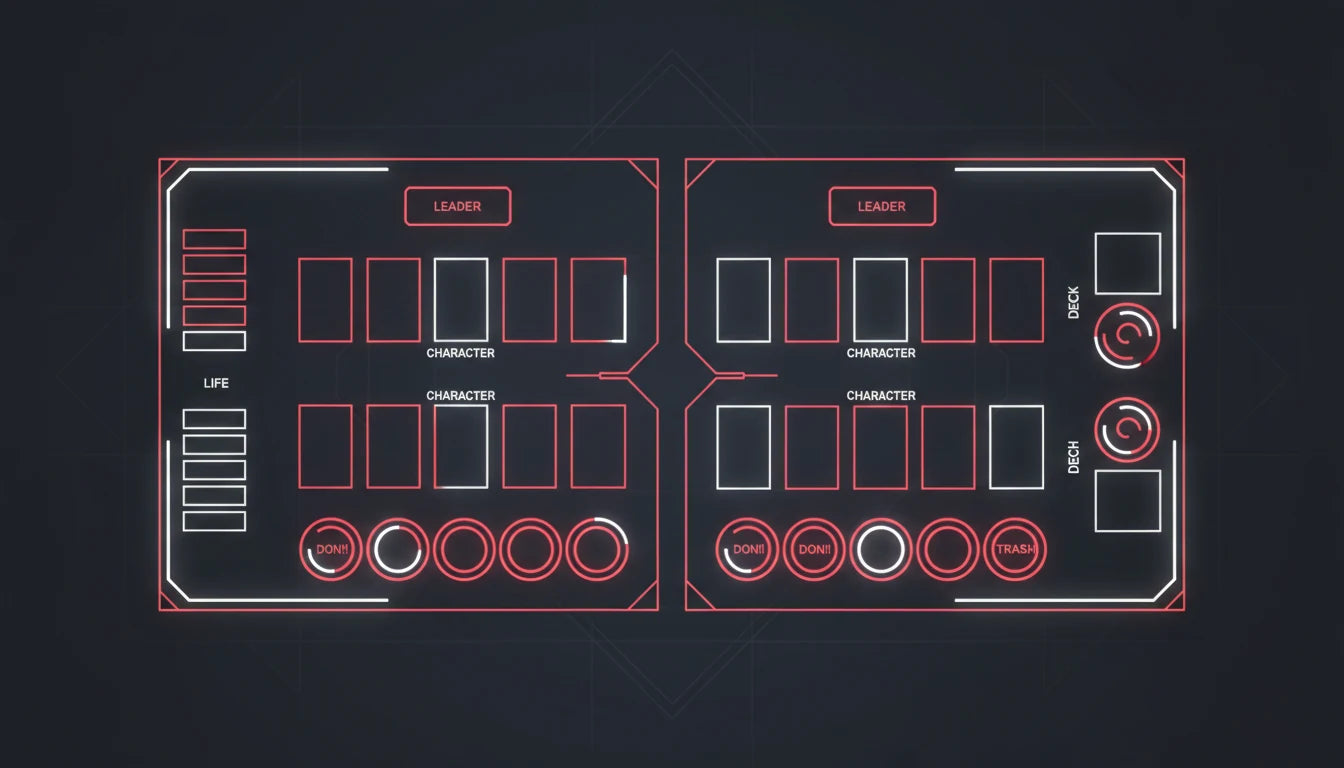 Diagram showing the One Piece TCG game setup — Leader, Life area, Don!! deck, main deck, trash, and Character area