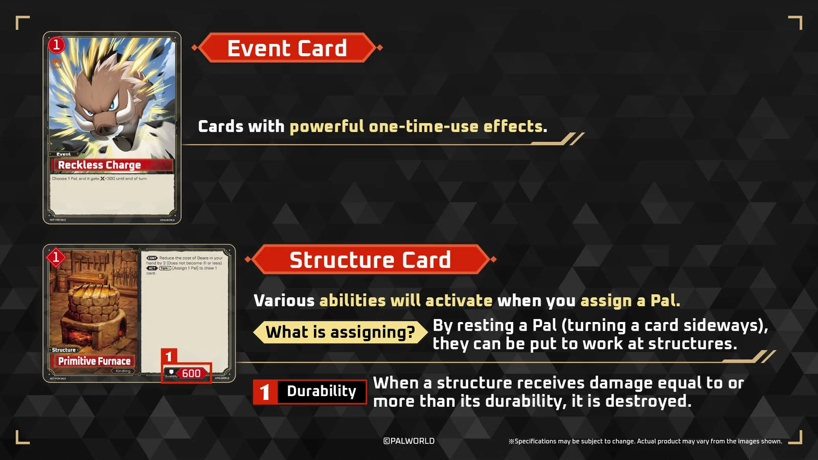 Official diagram of a Palworld Event card and a Structure card with its Durability value