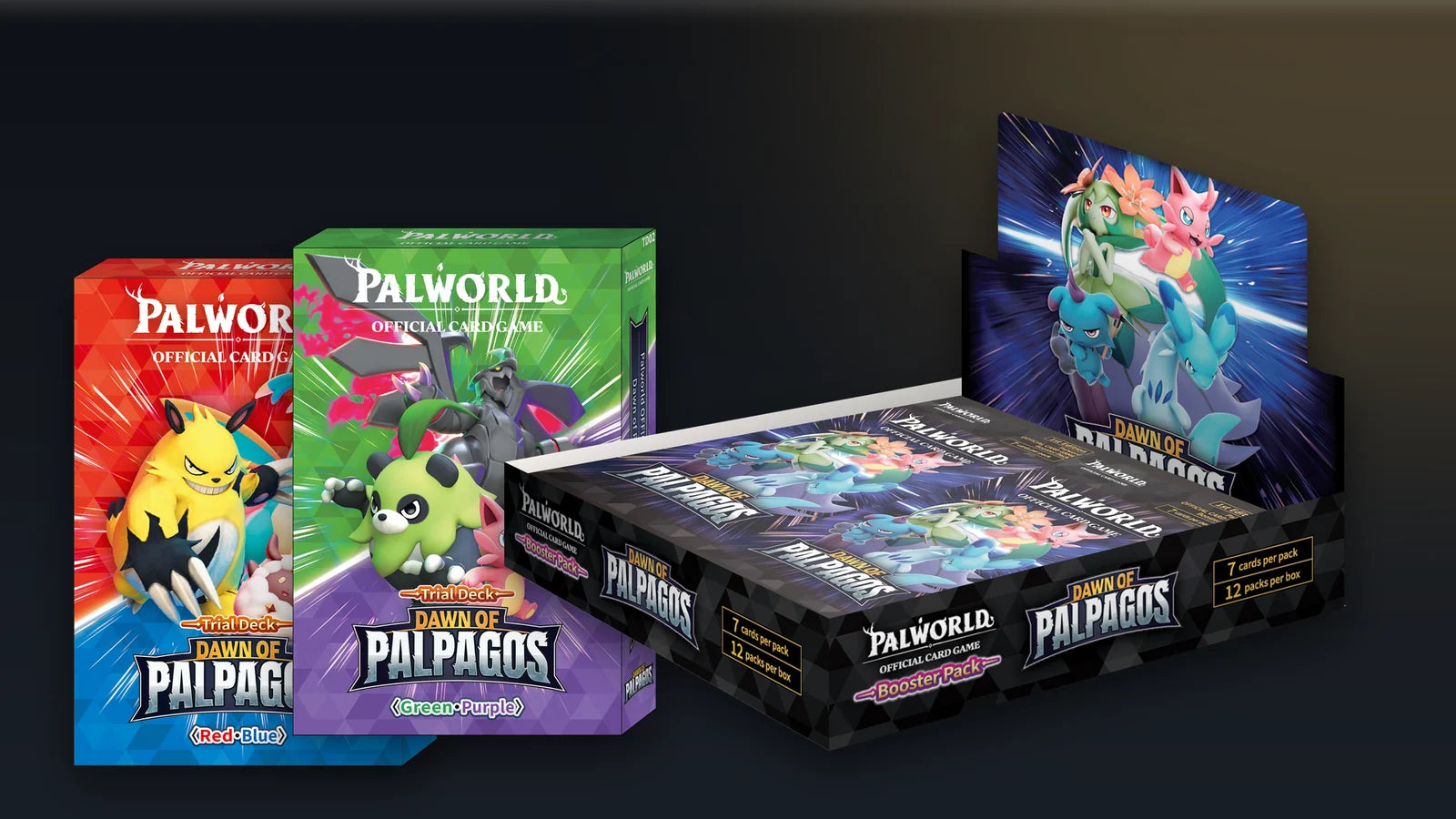 Palworld Official Card Game Dawn of Palpagos booster box and the Red-Blue and Green-Purple trial decks
