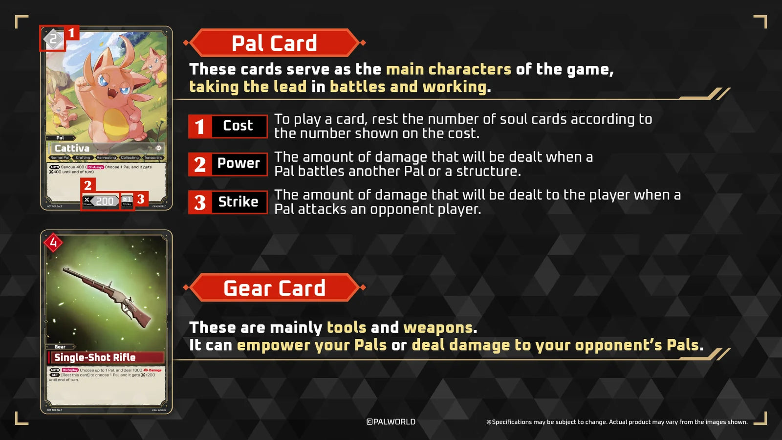 Official diagram of a Palworld Pal card showing Cost, Power and Strike, and a Gear card