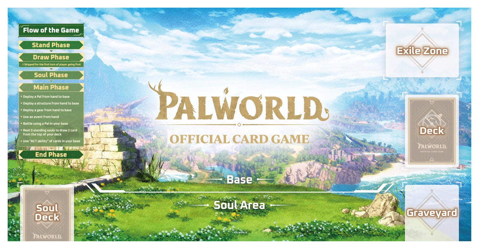 The official Palworld card game playmat showing the Base, Soul Area, Soul Deck, Deck, Graveyard and Exile Zone