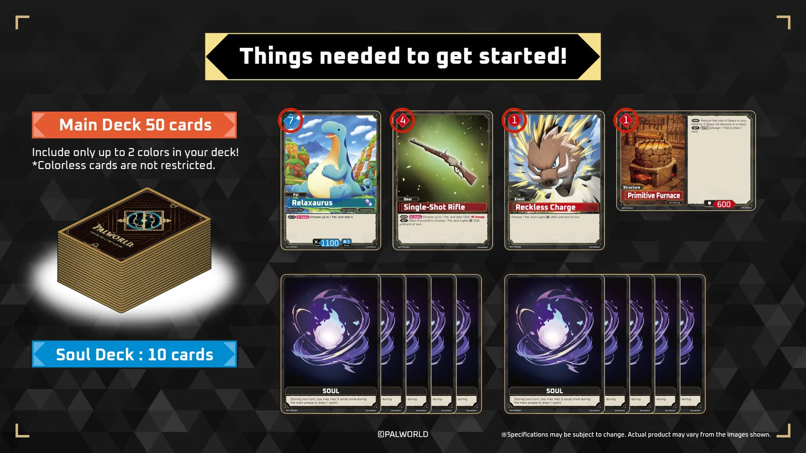 Official Palworld card game diagram: a 50-card main deck of Pal, Gear, Event and Structure cards plus a 10-card Soul Deck