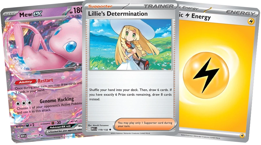 Examples of Pokémon, Trainer, and Energy cards side by side