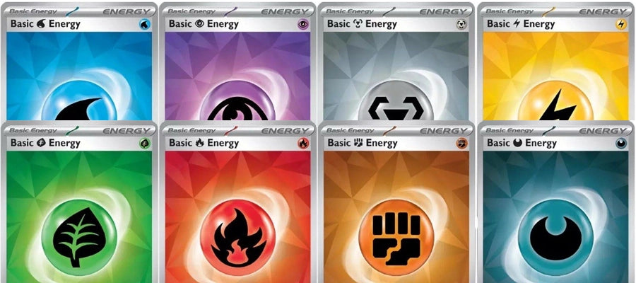 All Pokémon TCG energy type symbols — Grass, Fire, Water, Lightning, Psychic, Fighting, Darkness, Metal, Dragon, Fairy, and Colourless