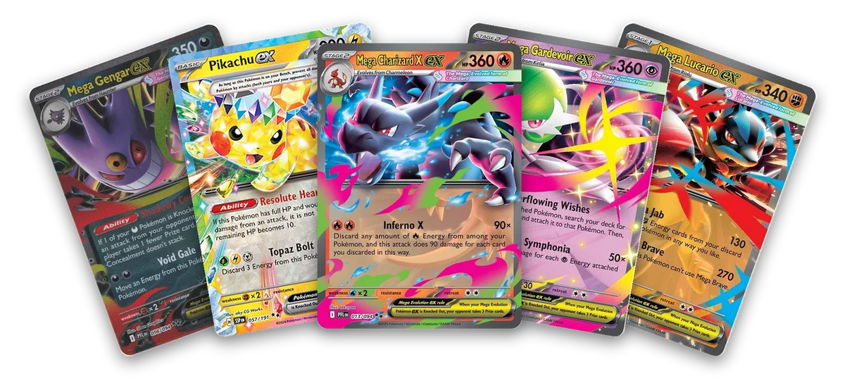 Five Pokémon cards fanned out: Mega Gengar ex, Pikachu ex, Mega Charizard X ex, Mega Gardevoir ex and Mega Lucario ex
