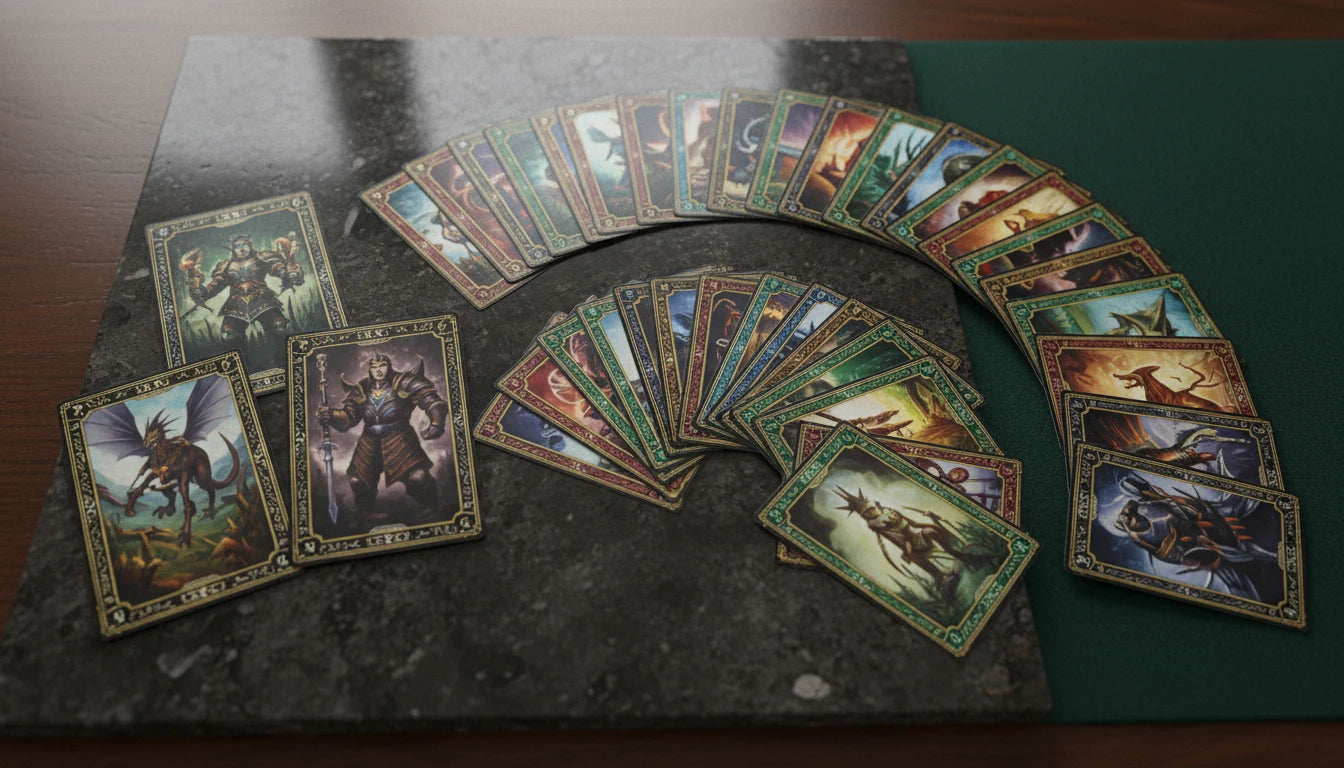 A well-organised Riftbound TCG deck spread showing Champions, Units, Spells, and Landmarks