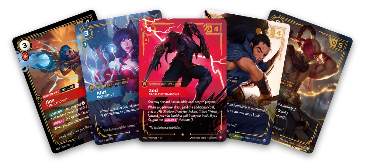 Five Riftbound champion cards fanned out: Jinx, Ahri, Zed, Yasuo and Lee Sin