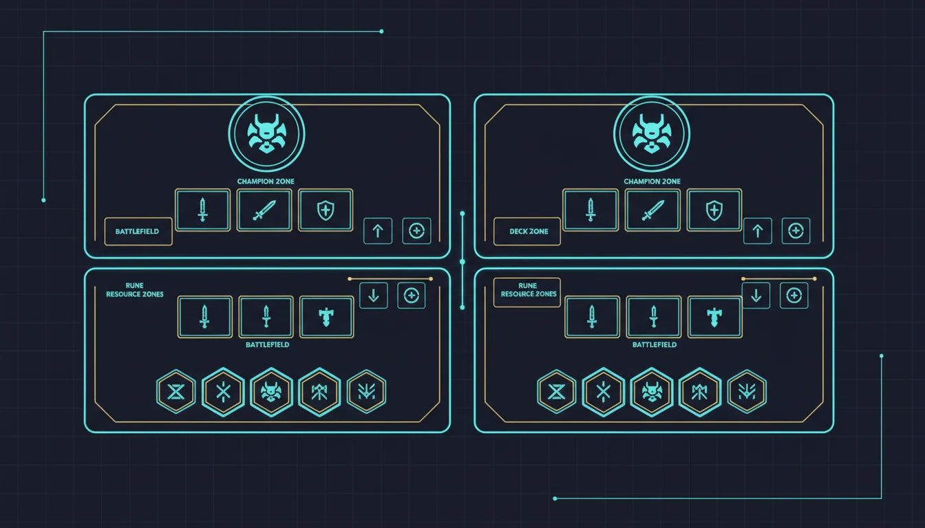 Diagram showing the Riftbound game setup — Champion zone, deck, hand, Nexus health tracker, and play area