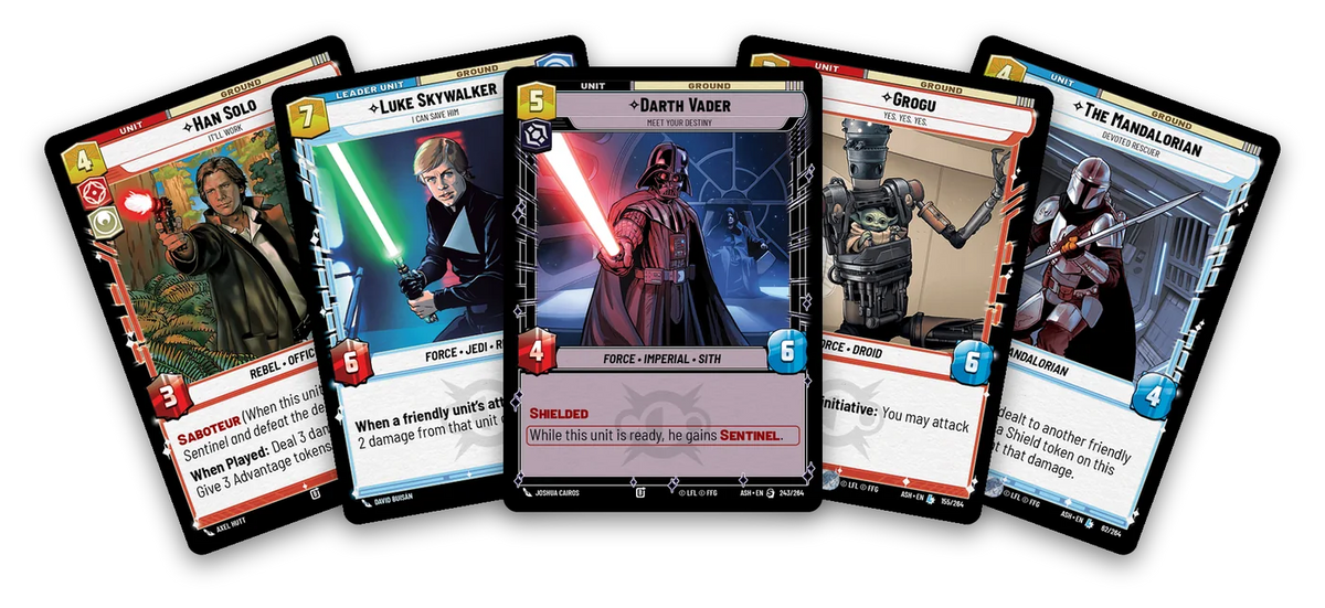 Star Wars: Unlimited cards from Ashes of the Empire: Han Solo, Luke Skywalker, Darth Vader, Grogu and The Mandalorian