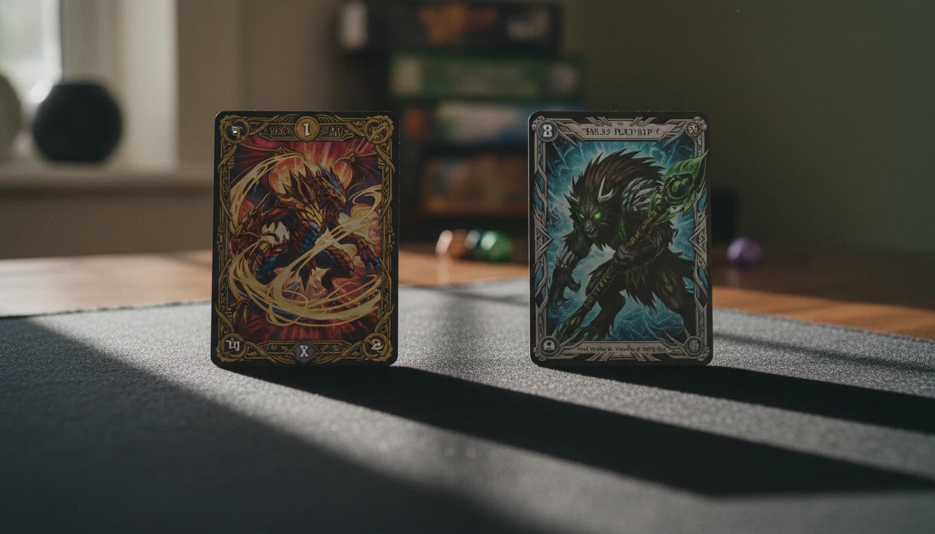 Two Yu-Gi-Oh! monsters battling with ATK and DEF values shown