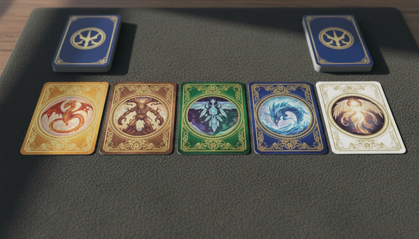 Examples of Yu-Gi-Oh! Monster, Spell, and Trap cards side by side