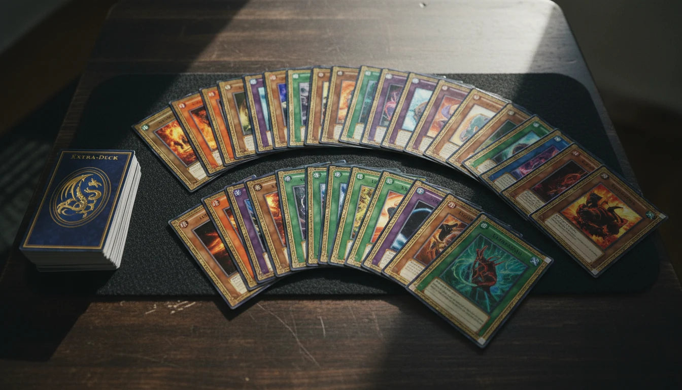 A well-organised Yu-Gi-Oh! deck spread showing Main Deck, Extra Deck, and Side Deck