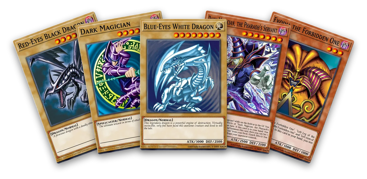 Red-Eyes Black Dragon, Dark Magician, Blue-Eyes White Dragon, Dark Magician, the Pharaoh's Servant and Exodia the Forbidden One fanned out