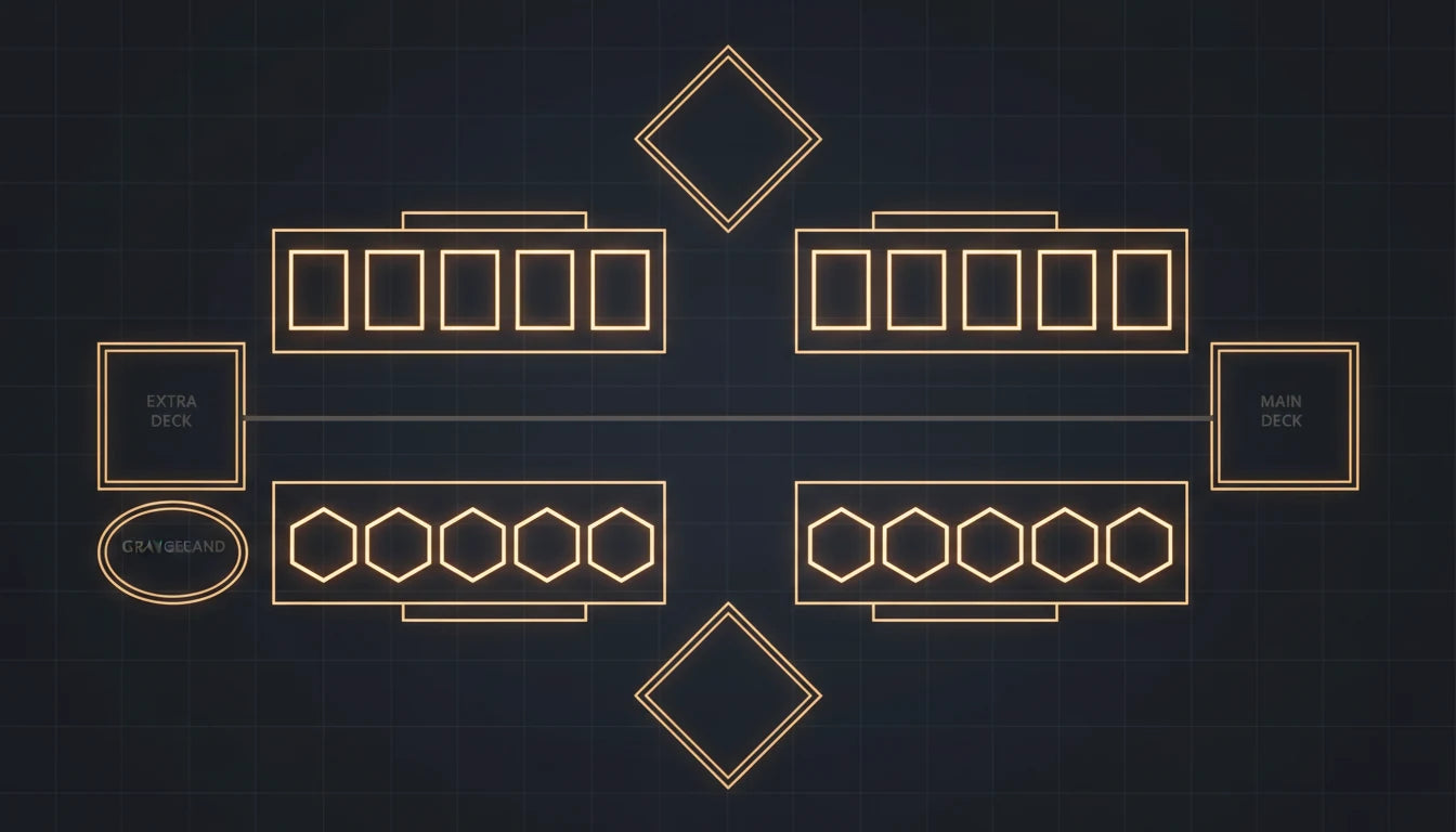 Diagram showing the Yu-Gi-Oh! game setup layout with deck, Extra Deck, and starting Life Points