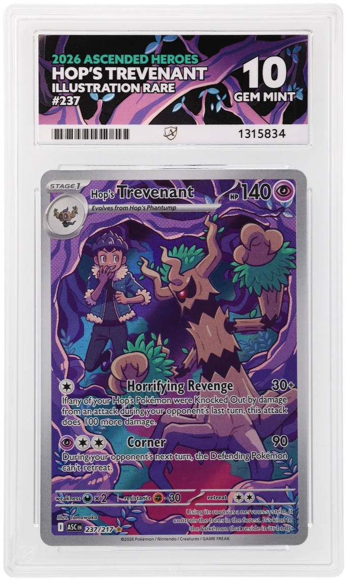 Hop's Trevenant 237/217 Ascended Heroes Ace Grading 10, close-up front view of the certified slab