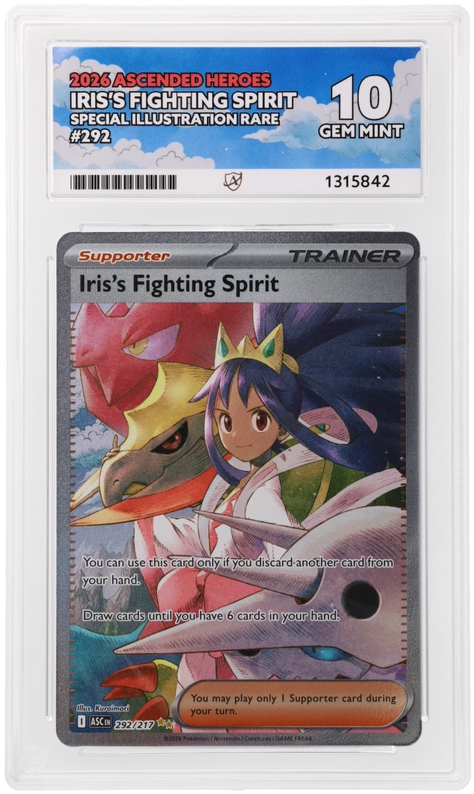 Iris’s Fighting Spirit 292/217 Ascended Heroes Ace Grading 10, close-up front view of the certified slab