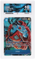 Jinbe OP14-049 The Azure Sea's Seven Ace Grading 10, close-up front view of the certified slab