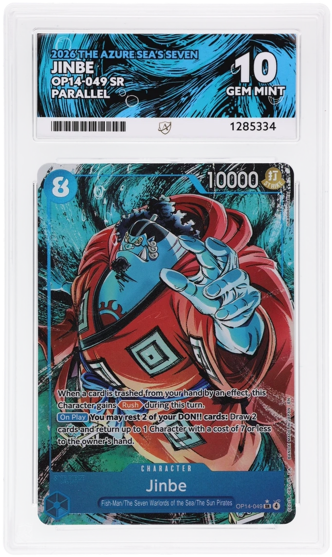 Jinbe OP14-049 The Azure Sea's Seven Ace Grading 10, close-up front view of the certified slab