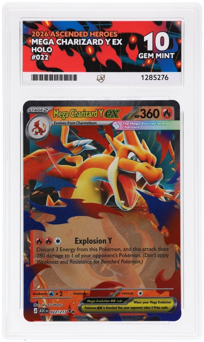 Mega Charizard Y ex 022/217 Ascended Heroes Ace Grading 10, close-up front view of the certified slab